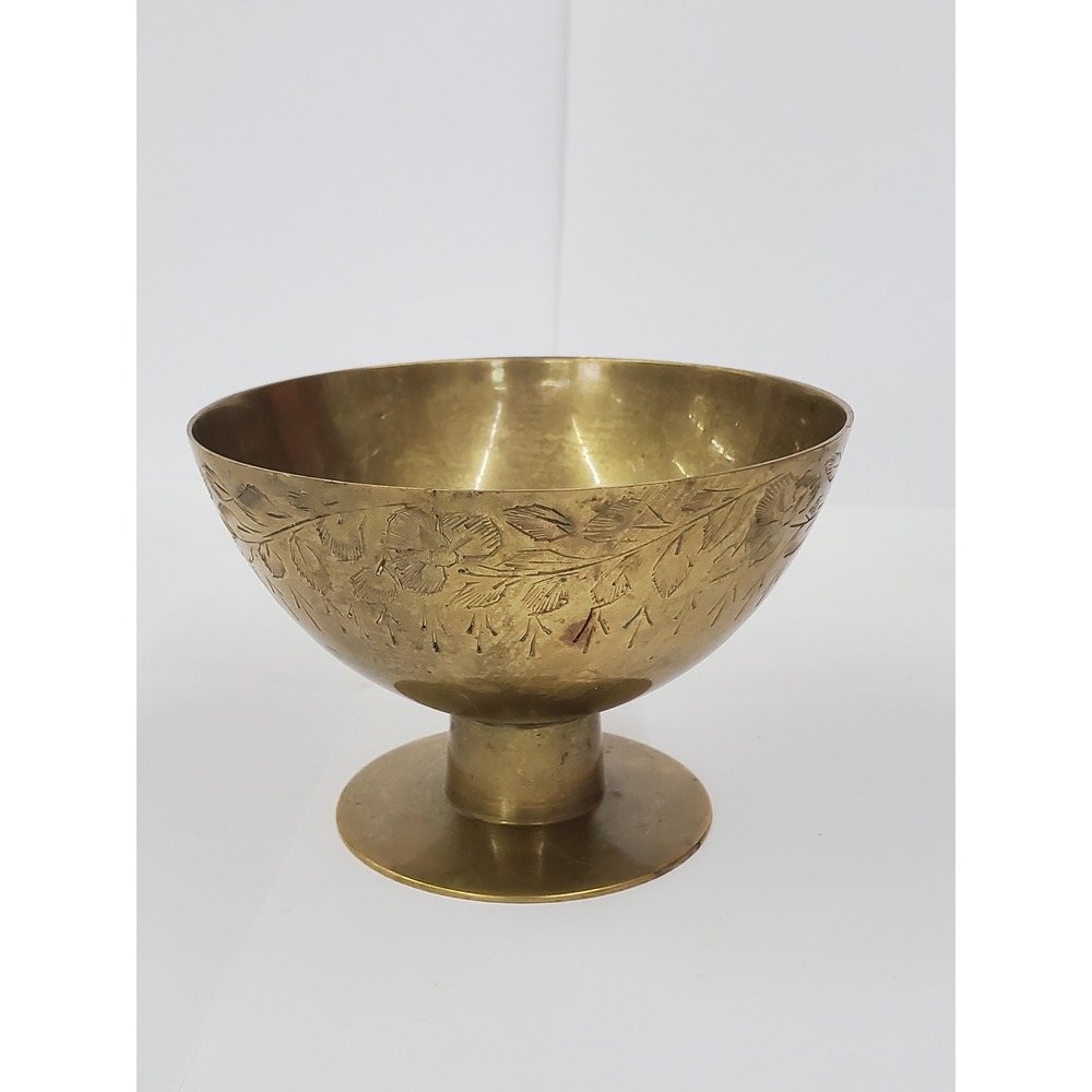Vintage Etched Brass Footed Bowl‎ Floral Design Made in India Boho Decor